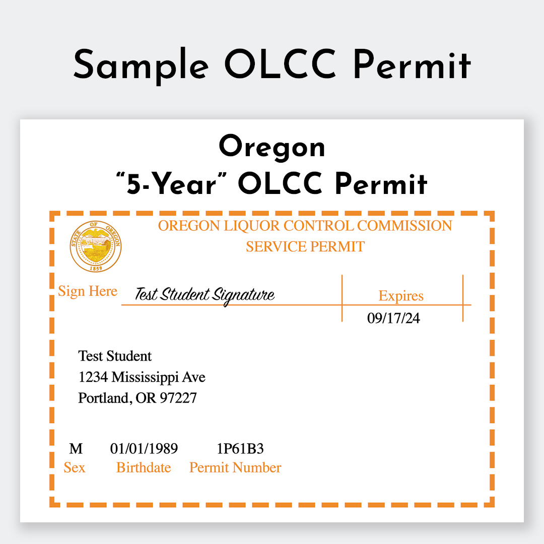 Official five-year Oregon OLCC Permit card showing sample certification details for alcohol servers.