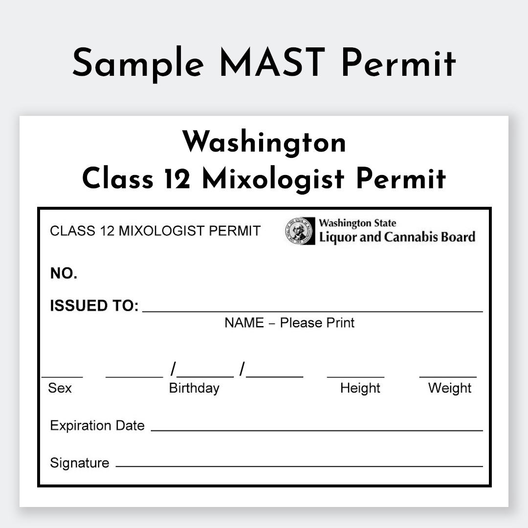 Official five-year Washington Class 12 Mixologist MAST Permit card showing sample certification details for alcohol servers.