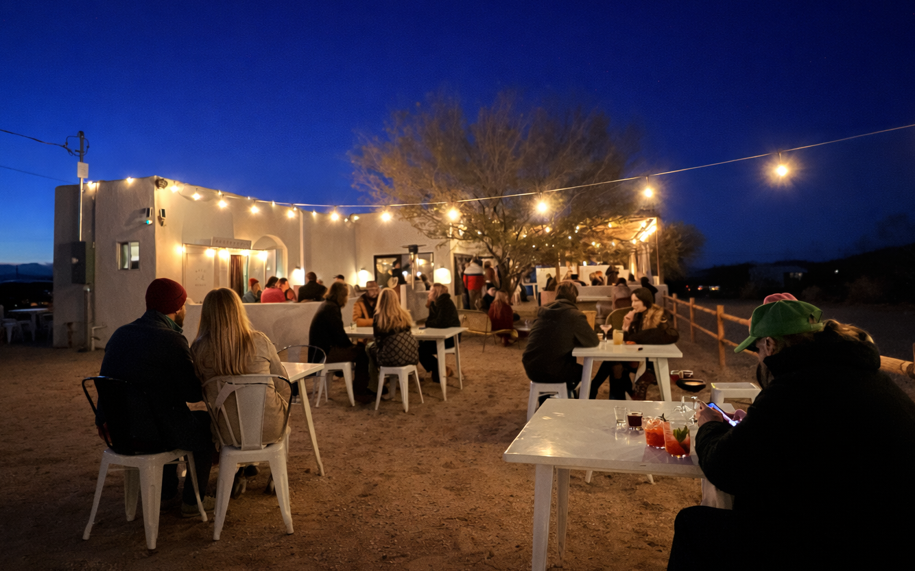 Safe bar spaces at Más o Menos featuring outdoor courtyard seating with ambient lighting and comfortable guest areas