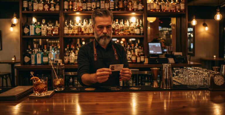 Un camarero en Washington revisa la identificación de un cliente para verificar su edad antes de servir alcohol en el bar.
