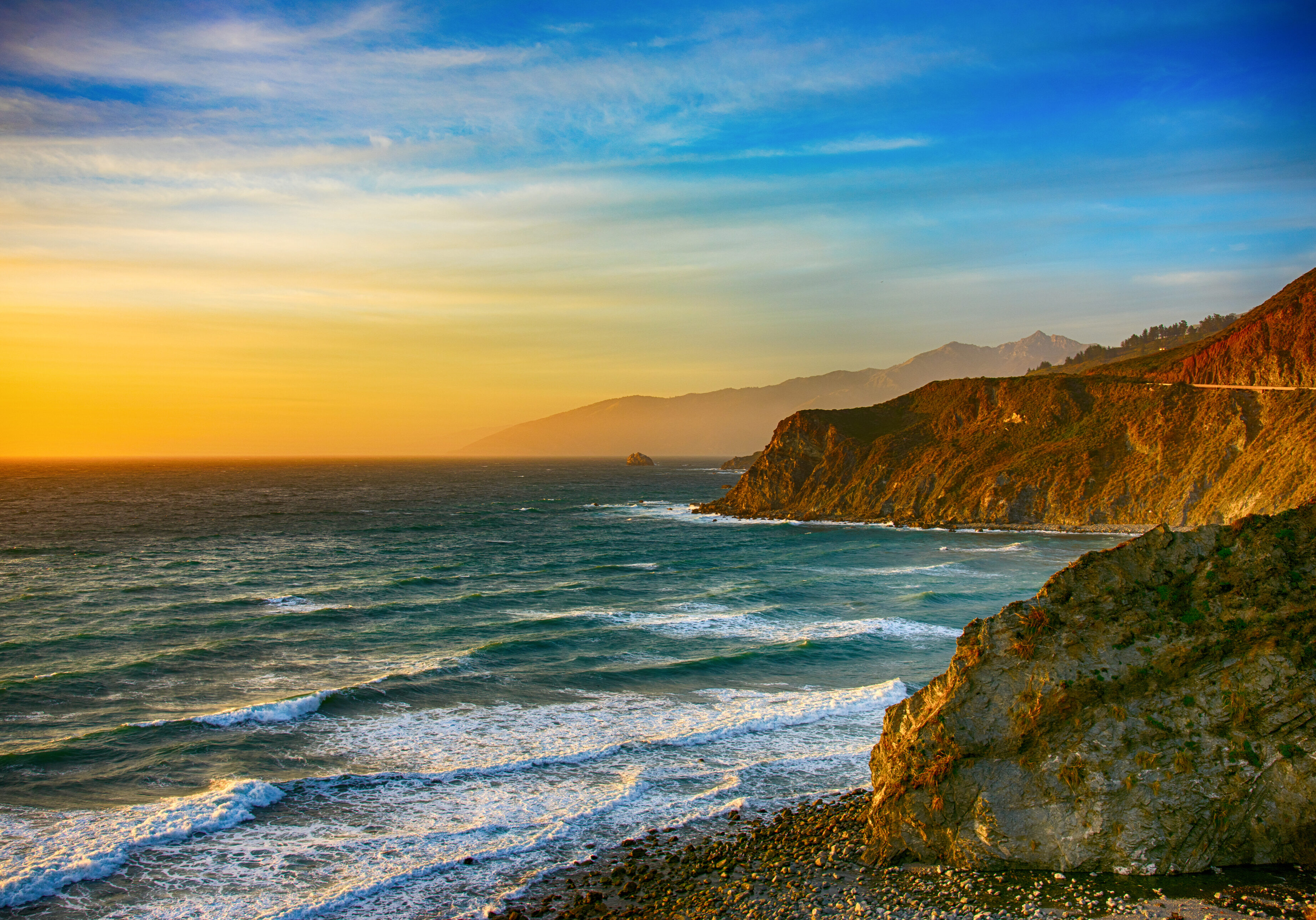 The beautiful and unique coastline of central California near Big Sur along US 1 at dusk.