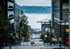 Seattle waterfront scene with iconic street view, pier, and Puget Sound landscape